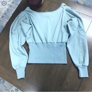 Venus Light Blue Puff Sleeve Top Wide Neck Fitted Waist